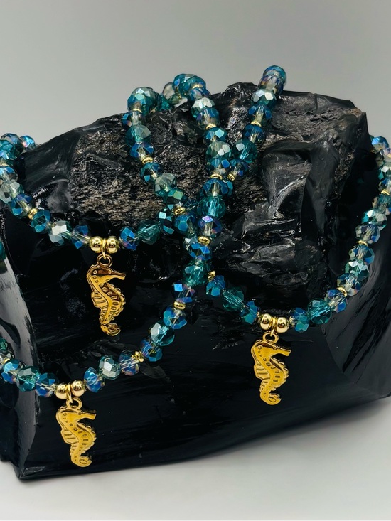 Jewelry - *ANKLET* S. Steel Seahorse & AB Teal Blue Green Crystal  Stretchy Anklet